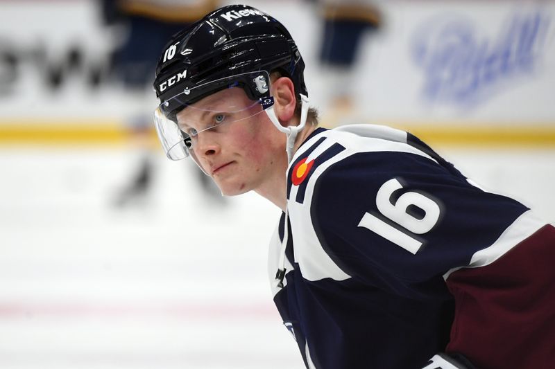 Jan 31, 2025; Denver, Colorado, USA; Colorado Avalanche center Juuso Parssinen (16) stretches before the game against the St. Louis Blues at Ball Arena. Mandatory Credit: Christopher Hanewinckel-Imagn Images