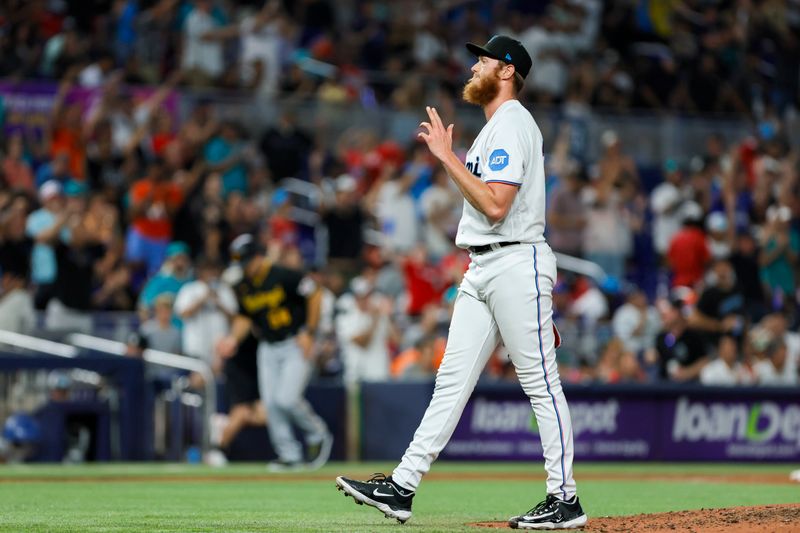 Jun 25, 2023; Miami, Florida, USA; Miami Marlins relief pitcher A.J. Puk (35) reacts after winning the game against the Pittsburgh Pirates at loanDepot Park. Mandatory Credit: Sam Navarro-USA TODAY Sports