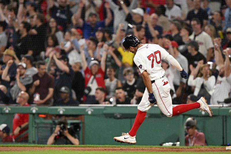 Jun 12, 2024; Boston, Massachusetts, USA; Boston Red Sox shortstop David Hamilton (70) runs the bases after hitting a two-run home run against the Philadelphia Phillies during the sixth inning at Fenway Park. Mandatory Credit: Brian Fluharty-USA TODAY Sports