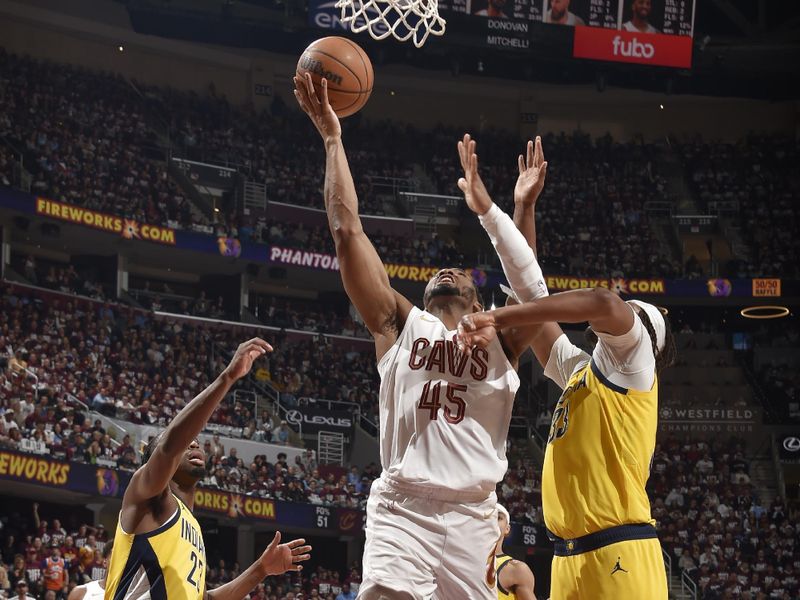 CLEVELAND, OH - MAY 4: Donovan Mitchell #45 of the Cleveland Cavaliers drives to the basket during the game against the Indiana Pacers during Round 2 Game 1 of the 2025 NBA Playoffs on May 4, 2025 at Rocket Arena in Cleveland, Ohio. NOTE TO USER: User expressly acknowledges and agrees that, by downloading and/or using this Photograph, user is consenting to the terms and conditions of the Getty Images License Agreement. Mandatory Copyright Notice: Copyright 2025 NBAE (Photo by David Liam Kyle/NBAE via Getty Images)