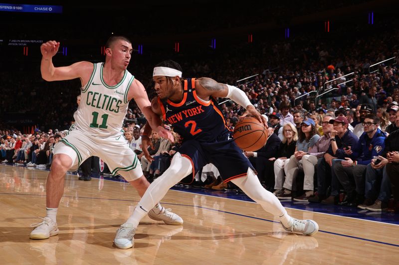 NEW YORK, NY - MAY 12: Miles McBride #2 of the New York Knicks dribbles the ball during the game against the Boston Celtics during Round 2 Game 4 of the 2025 NBA Playoffs on May 12, 2025 at Madison Square Garden in New York City, New York.  NOTE TO USER: User expressly acknowledges and agrees that, by downloading and or using this photograph, User is consenting to the terms and conditions of the Getty Images License Agreement. Mandatory Copyright Notice: Copyright 2025 NBAE  (Photo by Nathaniel S. Butler/NBAE via Getty Images)