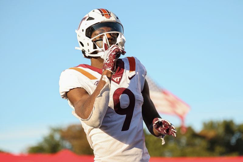 Sep 16, 2023; Piscataway, New Jersey, USA; Virginia Tech Hokies wide receiver Da'Quan Felton (9) reacts after a receiving touchdown during the second half against the Rutgers Scarlet Knights at SHI Stadium. Mandatory Credit: Vincent Carchietta-USA TODAY Sports