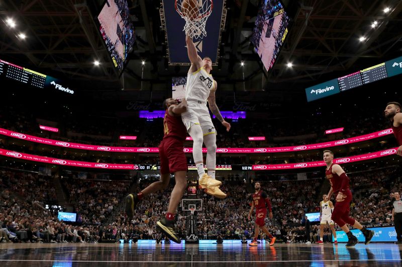 SALT LAKE CITY, UT - APRIL 2: Luka Samanic #19 of the Utah Jazz dunks the ball during the game against the Cleveland Cavaliers on April 2, 2024 at Delta Center in Salt Lake City, Utah. NOTE TO USER: User expressly acknowledges and agrees that, by downloading and or using this Photograph, User is consenting to the terms and conditions of the Getty Images License Agreement. Mandatory Copyright Notice: Copyright 2024 NBAE (Photo by Melissa Majchrzak/NBAE via Getty Images)