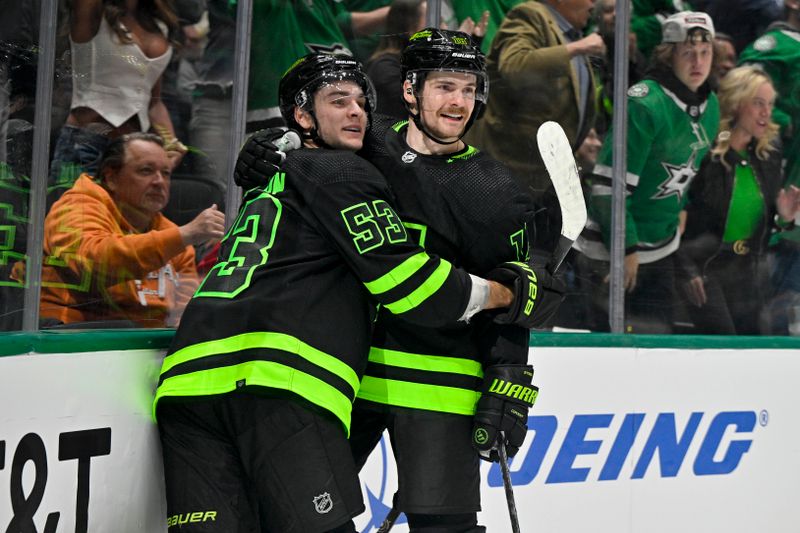 Apr 3, 2024; Dallas, Texas, USA; Dallas Stars center Wyatt Johnston (53) and center Sam Steel (18) celebrates a goal scored by Johnston against the Edmonton Oilers during the second period at the American Airlines Center. Mandatory Credit: Jerome Miron-USA TODAY Sports