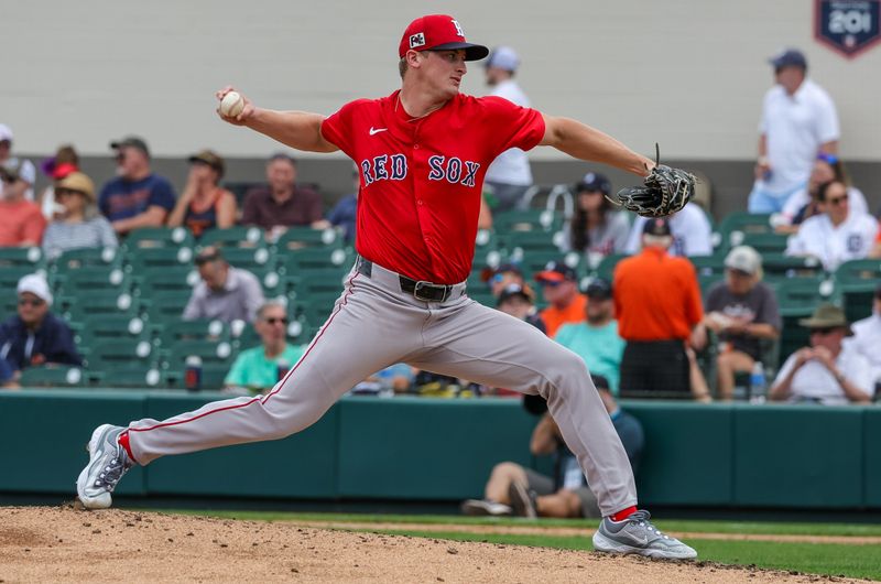 Feb 27, 2025; Lakeland, Florida, USA; Boston Red Sox pitcher Quinn Priester (68) pitches during the second inning against the Detroit Tigers at Publix Field at Joker Marchant Stadium. Mandatory Credit: Mike Watters-Imagn Images