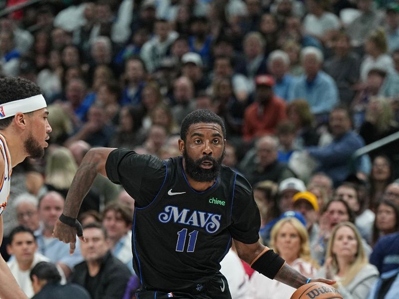 DALLAS, TX - FEBRUARY 22: Kyrie Irving #11 of the Dallas Mavericks handles the ball during the game against the Phoenix Suns on February 22, 2024 at the American Airlines Center in Dallas, Texas. NOTE TO USER: User expressly acknowledges and agrees that, by downloading and or using this photograph, User is consenting to the terms and conditions of the Getty Images License Agreement. Mandatory Copyright Notice: Copyright 2024 NBAE (Photo by Glenn James/NBAE via Getty Images)