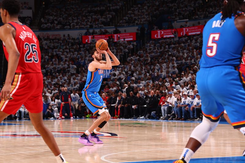 OKLAHOMA CITY, OK - APRIL 24: Chet Holmgren #7 of the Oklahoma City Thunder shoots the ball during the game against the New Orleans Pelicans during Round 1 Game 2 of the 2024 NBA Playoffs on April 24, 2024 at Paycom Arena in Oklahoma City, Oklahoma. NOTE TO USER: User expressly acknowledges and agrees that, by downloading and or using this photograph, User is consenting to the terms and conditions of the Getty Images License Agreement. Mandatory Copyright Notice: Copyright 2024 NBAE (Photo by Zach Beeker/NBAE via Getty Images)