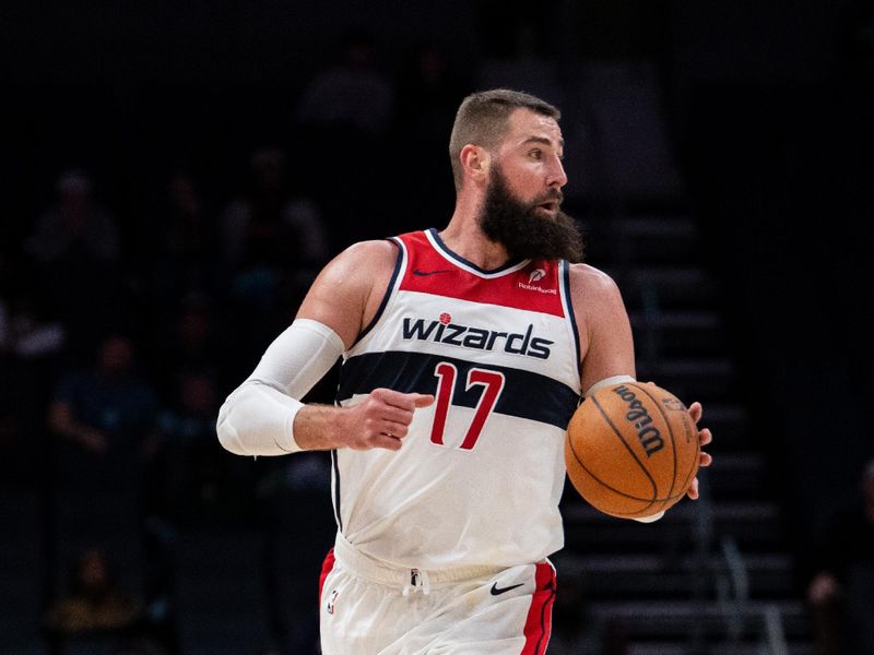 CHARLOTTE, NORTH CAROLINA - FEBRUARY 03: Jonas Valanciunas #17 of the Washington Wizards plays against the Charlotte Hornets during their game at Spectrum Center on February 03, 2025 in Charlotte, North Carolina. NOTE TO USER: User expressly acknowledges and agrees that, by downloading and or using this photograph, User is consenting to the terms and conditions of the Getty Images License Agreement. (Photo by Jacob Kupferman/Getty Images)