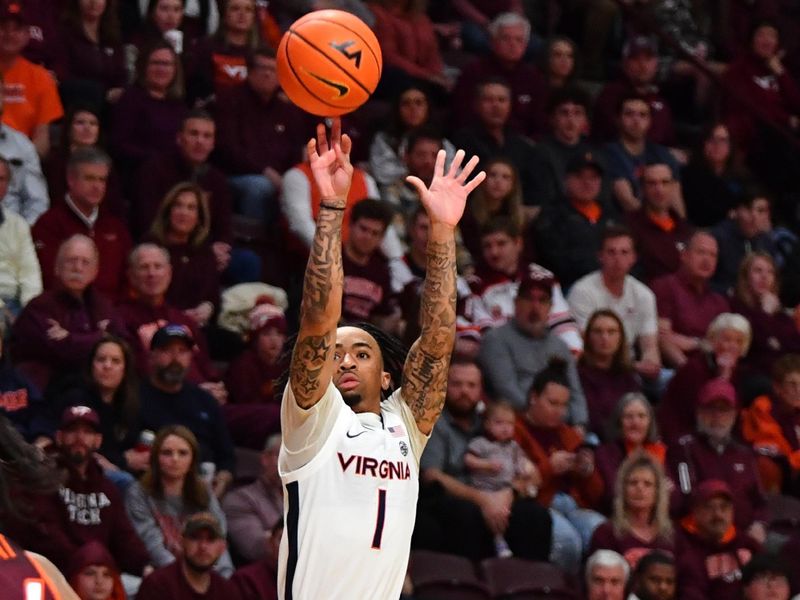 Feb 19, 2024; Blacksburg, Virginia, USA; Virginia Cavaliers guard Dante Harris (1) shoots a three point basket during the first half at Cassell Coliseum. Mandatory Credit: Brian Bishop-USA TODAY Sports