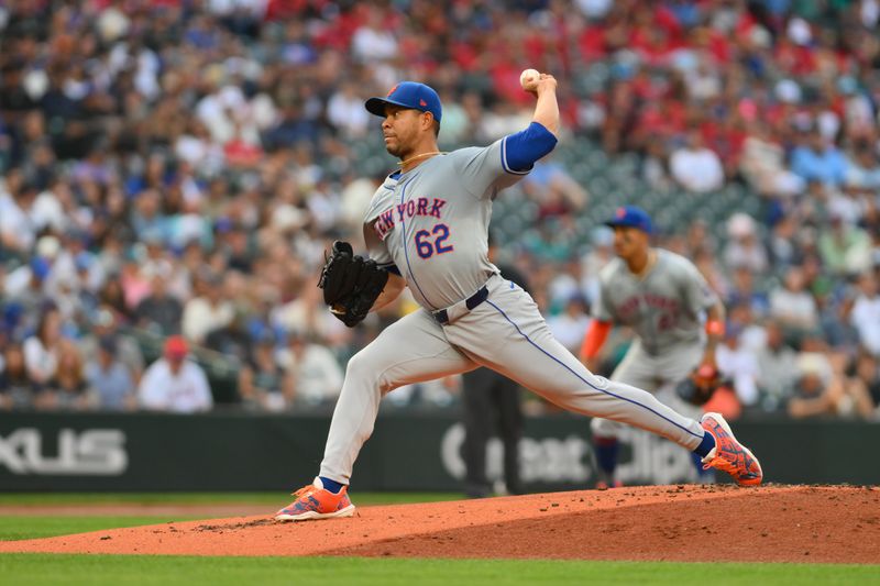 Aug 9, 2024; Seattle, Washington, USA; New York Mets starting pitcher Jose Quintana (62) pitches to the Seattle Mariners during the first inning at T-Mobile Park. Mandatory Credit: Steven Bisig-USA TODAY Sports