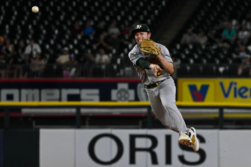 Aug 24, 2023; Chicago, Illinois, USA; Oakland Athletics shortstop Nick Allen (2) throws out Chicago White Sox shortstop Elvis Andrus (1) during the sixth inning at Guaranteed Rate Field. Mandatory Credit: Matt Marton-USA TODAY Sports