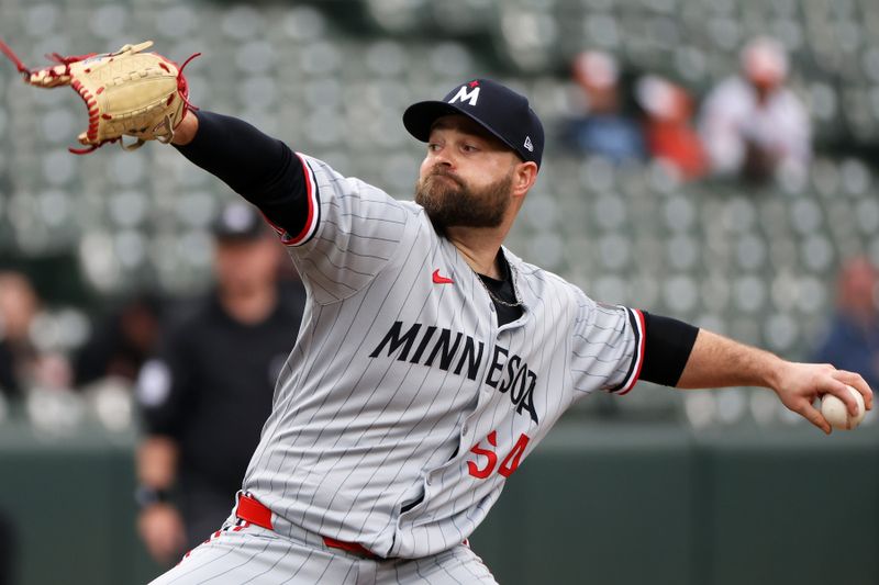 May 14, 2025; Baltimore, Maryland, USA; Minnesota Twins pitcher Danny Coulombe (54) throws during the sixth inning against the Baltimore Orioles at Oriole Park at Camden Yards. Mandatory Credit: Daniel Kucin Jr.-Imagn Images