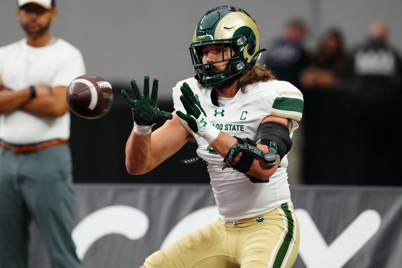 Oct 21, 2023; Paradise, Nevada, USA; Colorado State Rams tight end Dallin Holker (5) warms up before a game against the UNLV Rebels at Allegiant Stadium. Mandatory Credit: Stephen R. Sylvanie-USA TODAY Sports