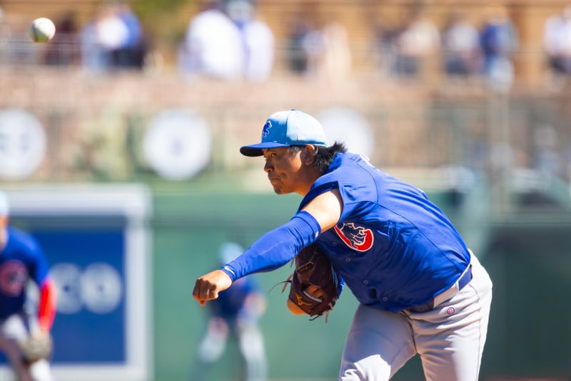 Mar 2, 2024; Phoenix, Arizona, USA; Chicago Cubs pitcher Shota Imanaga against the Los Angeles Dodgers during a spring training game at Camelback Ranch-Glendale. Mandatory Credit: Mark J. Rebilas-USA TODAY Sports