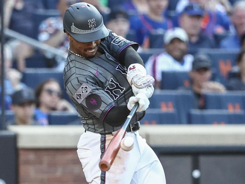 Jul 13, 2024; New York City, New York, USA; New York Mets shortstop Francisco Lindor (12) hits a three run home run in the eighth inning against the Colorado Rockies at Citi Field. Mandatory Credit: Wendell Cruz-USA TODAY Sports