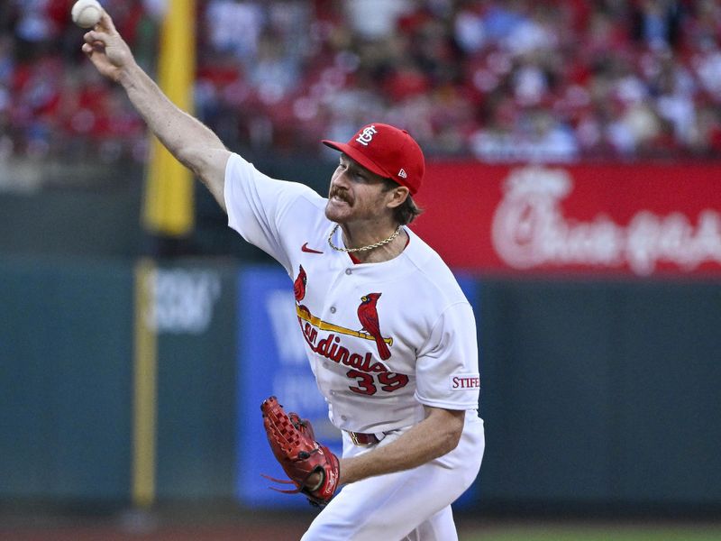 May 3, 2023; St. Louis, Missouri, USA;  St. Louis Cardinals starting pitcher Miles Mikolas (39) pitches against the Los Angeles Angels during the second inning at Busch Stadium. Mandatory Credit: Jeff Curry-USA TODAY Sports