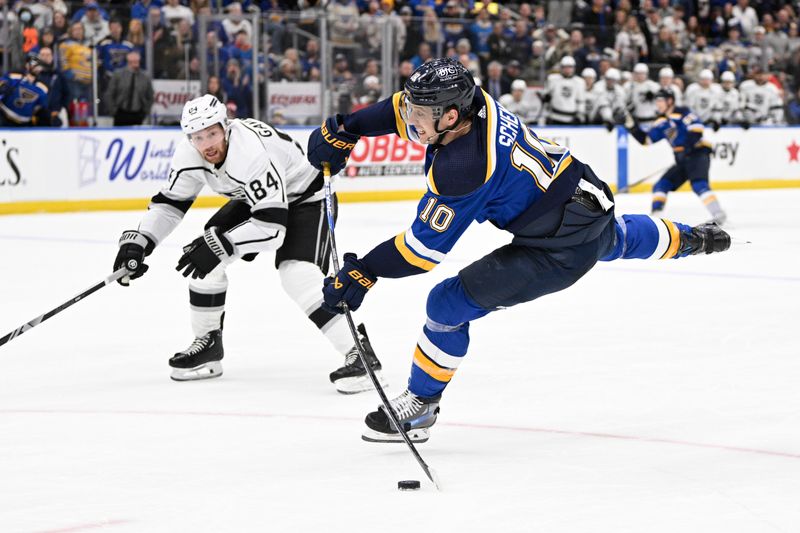 Jan 28, 2024; St. Louis, Missouri, USA; St. Louis Blues center Brayden Schenn (10) takes a shot against the Los Angeles Kings during overtime at Enterprise Center. Mandatory Credit: Jeff Le-USA TODAY Sports