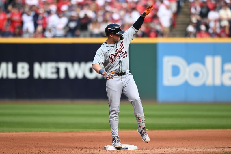 Oct 12, 2024; Cleveland, Ohio, USA; Detroit Tigers first base Spencer Torkelson (20) celebrates after hitting a double in the fourth inning against the Cleveland Guardians during game five of the ALDS for the 2024 MLB Playoffs at Progressive Field. Mandatory Credit: Ken Blaze-Imagn Images
