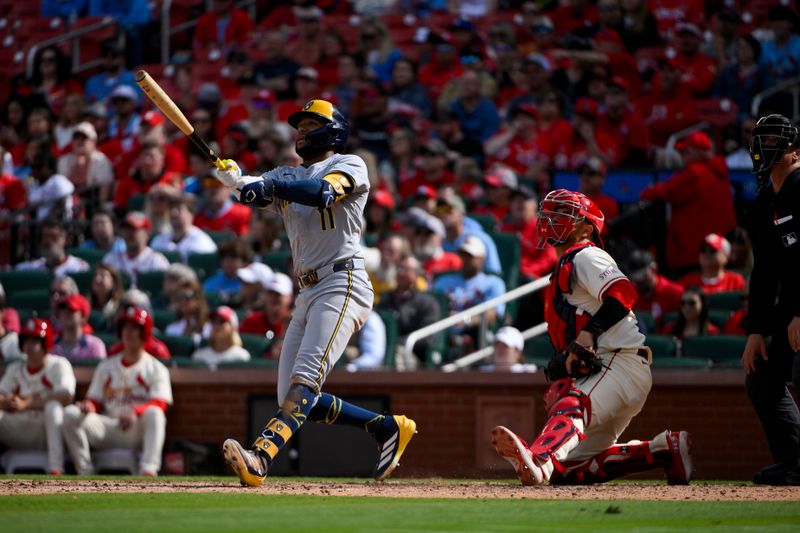 Apr 26, 2025; St. Louis, Missouri, USA;  Milwaukee Brewers left fielder Jackson Chourio (11) hits a game tying two run home run against the St. Louis Cardinals during the ninth inning at Busch Stadium. Mandatory Credit: Jeff Curry-Imagn Images