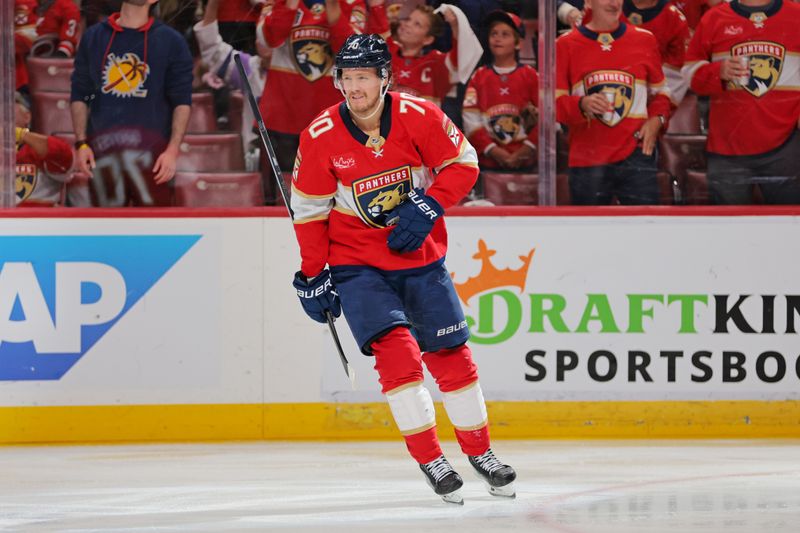 May 24, 2025; Sunrise, Florida, USA; Florida Panthers center Jesper Boqvist (70) celebrates after a goal during the third period against the Carolina Hurricanes in game three of the Eastern Conference Final of the 2025 Stanley Cup Playoffs at Amerant Bank Arena. Mandatory Credit: Sam Navarro-Imagn Images