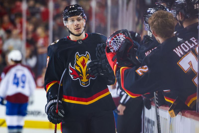 Mar 12, 2024; Calgary, Alberta, CAN; Calgary Flames right wing Walker Duehr (71) celebrates his goal with teammates against the Colorado Avalanche during the first period at Scotiabank Saddledome. Mandatory Credit: Sergei Belski-USA TODAY Sports