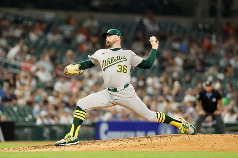 Jun 24, 2025; Detroit, Michigan, USA; Athletics relief pitcher Hogan Harris (36) pitches in the sixth inning against the Detroit Tigers at Comerica Park. Mandatory Credit: Rick Osentoski-Imagn Images