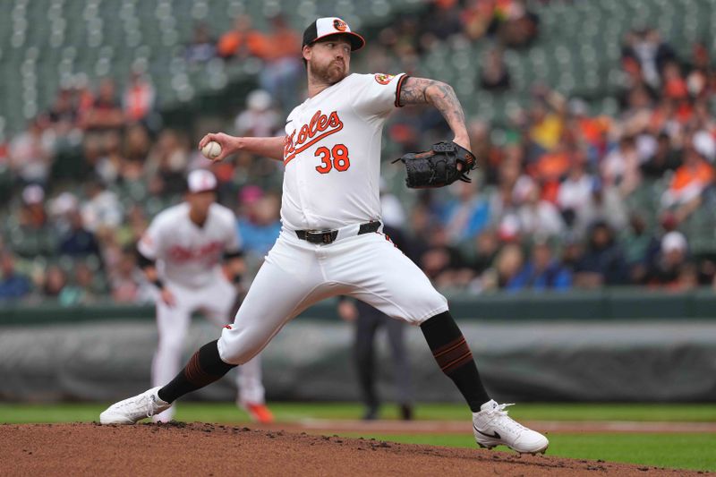 May 15, 2024; Baltimore, Maryland, USA; Baltimore Orioles pitcher Kyle Bradish (38) delivers in the first inning against the Toronto Blue Jays at Oriole Park at Camden Yards. Mandatory Credit: Mitch Stringer-USA TODAY Sports