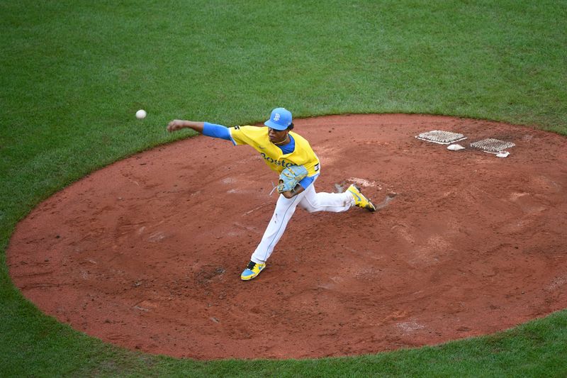 Sep 10, 2023; Boston, Massachusetts, USA;  Boston Red Sox starting pitcher Brayan Bello (66) pitches during the fifth inning against the Baltimore Orioles at Fenway Park. Mandatory Credit: Bob DeChiara-USA TODAY Sports