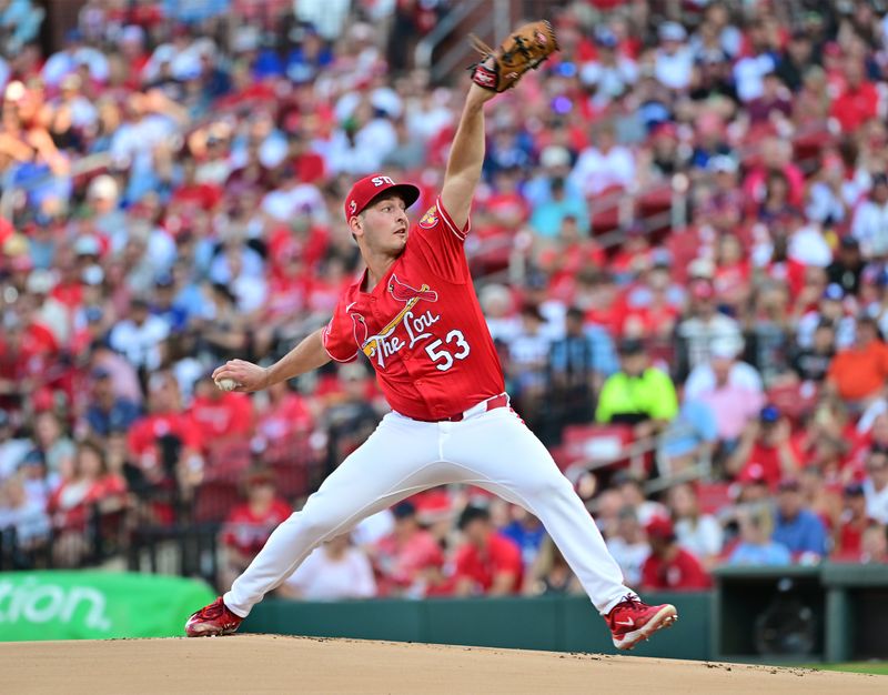 Aug 17, 2024; St. Louis, Missouri, USA;  St. Louis Cardinals pitcher Andre Pallante (53) throws in the first inning against the Los Angeles Dodgers at Busch Stadium. Mandatory Credit: Tim Vizer-USA TODAY Sports