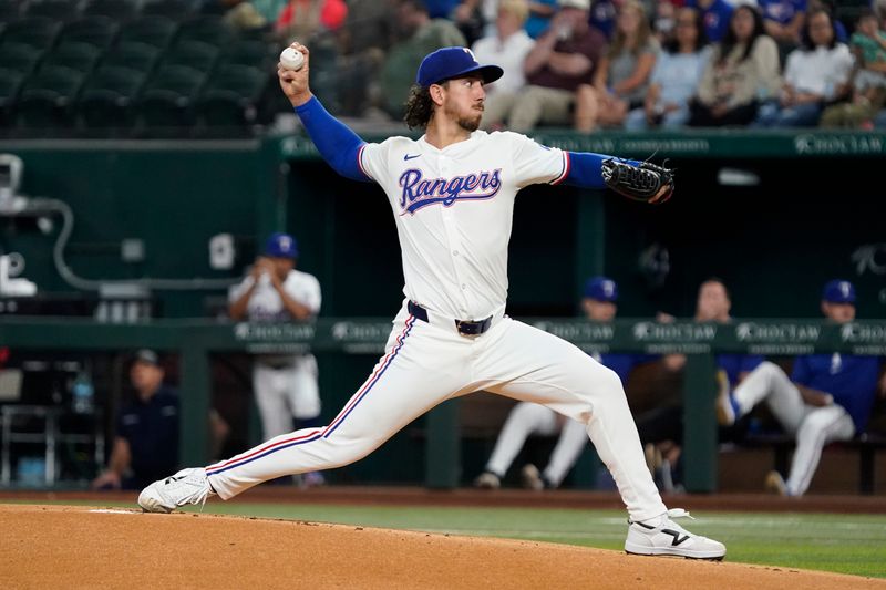 Jul 22, 2024; Arlington, Texas, USA; Texas Rangers starting pitcher Michael Lorenzen (23) throws to the plate during the first inning against the Chicago White Sox at Globe Life Field. Mandatory Credit: Raymond Carlin III-USA TODAY Sports