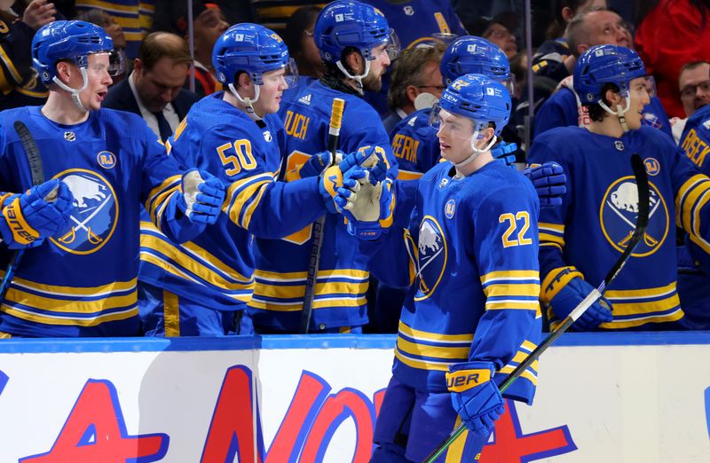 Apr 5, 2024; Buffalo, New York, USA;  Buffalo Sabres right wing Jack Quinn (22) celebrates his second goal of the game with teammates during the third period against the Philadelphia Flyers at KeyBank Center. Mandatory Credit: Timothy T. Ludwig-USA TODAY Sports