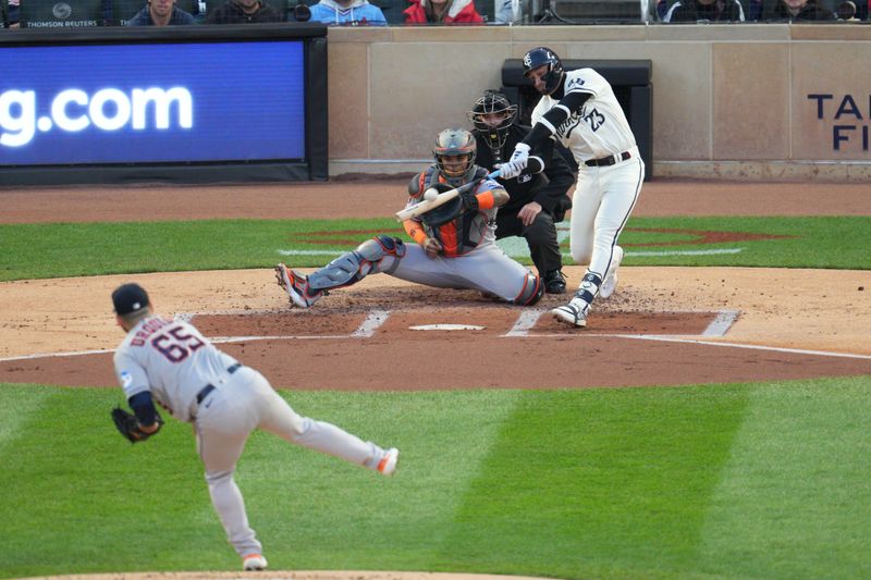 Oct 11, 2023; Minneapolis, Minnesota, USA; Minnesota Twins third baseman Royce Lewis (23) hits a solo home-run in the first inning against the Houston Astros  during game four of the ALDS for the 2023 MLB playoffs at Target Field. Mandatory Credit: Matt Blewett-USA TODAY Sports