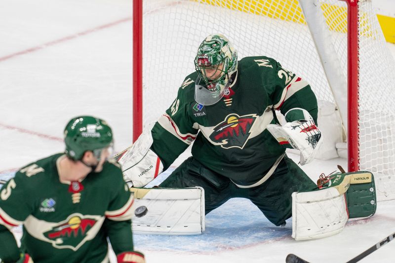 Apr 18, 2024; Saint Paul, Minnesota, USA; Minnesota Wild goaltender Marc-Andre Fleury (29) makes a save against the Seattle Kraken in the second period at Xcel Energy Center. Mandatory Credit: Matt Blewett-USA TODAY Sports