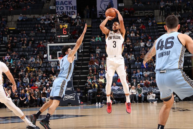 MEMPHIS, TN - FEBRUARY 12: CJ McCollum #3 of the New Orleans Pelicans shoots a three point basket against the Memphis Grizzlies on February 12, 2024 at FedExForum in Memphis, Tennessee. NOTE TO USER: User expressly acknowledges and agrees that, by downloading and or using this photograph, User is consenting to the terms and conditions of the Getty Images License Agreement. Mandatory Copyright Notice: Copyright 2024 NBAE (Photo by Joe Murphy/NBAE via Getty Images)