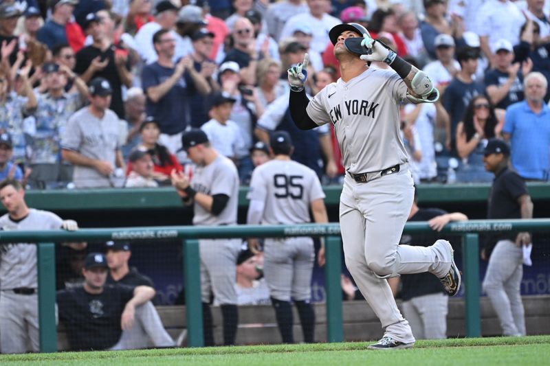 Aug 26, 2024; Washington, District of Columbia, USA; New York Yankees second baseman Gleyber Torres (25) celebrates hitting a home run against the Washington Nationals during the first inning at Nationals Park. Mandatory Credit: Rafael Suanes-USA TODAY Sports