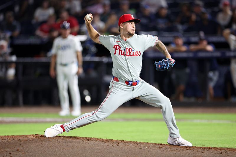 May 6, 2025; Tampa, Florida, USA; Philadelphia Phillies pitcher Orion Kerkering (50) throws a pitch against the Tampa Bay Rays in the eighth inning at George M. Steinbrenner Field. Mandatory Credit: Nathan Ray Seebeck-Imagn Images