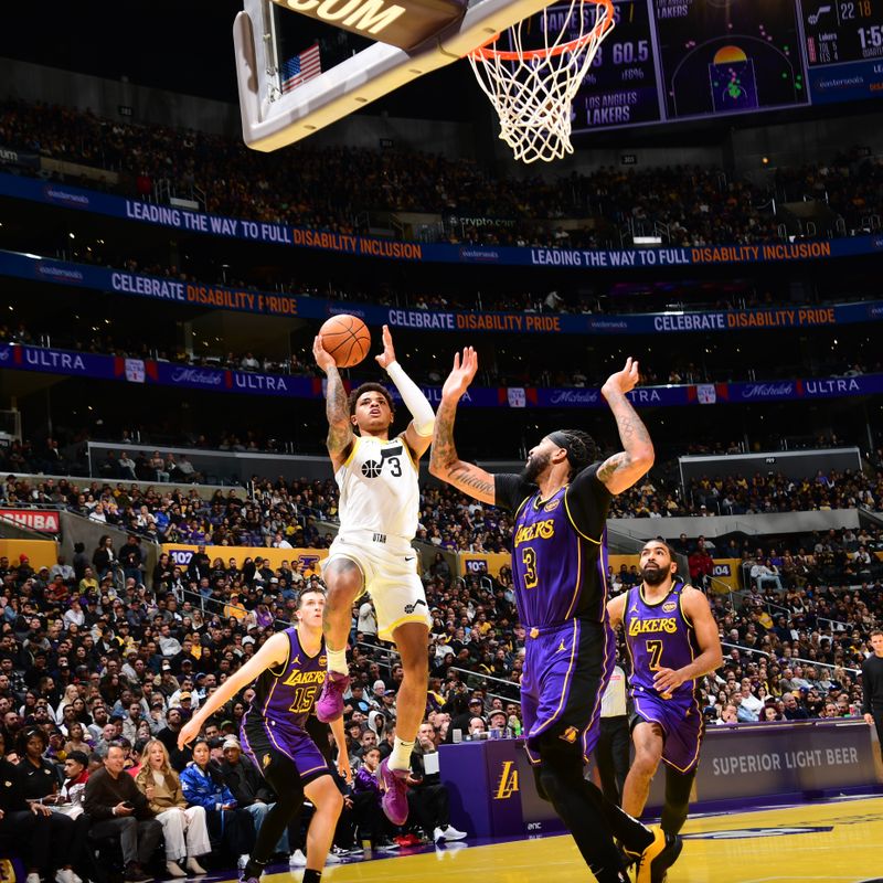 LOS ANGELES, CA - NOVEMBER 19: Keyonte George #3 of the Utah Jazz shoots the ball during the game against the Los Angeles Lakers during the Emirates NBA Cup game on November 19, 2024 at Crypto.Com Arena in Los Angeles, California. NOTE TO USER: User expressly acknowledges and agrees that, by downloading and/or using this Photograph, user is consenting to the terms and conditions of the Getty Images License Agreement. Mandatory Copyright Notice: Copyright 2024 NBAE (Photo by Adam Pantozzi/NBAE via Getty Images)