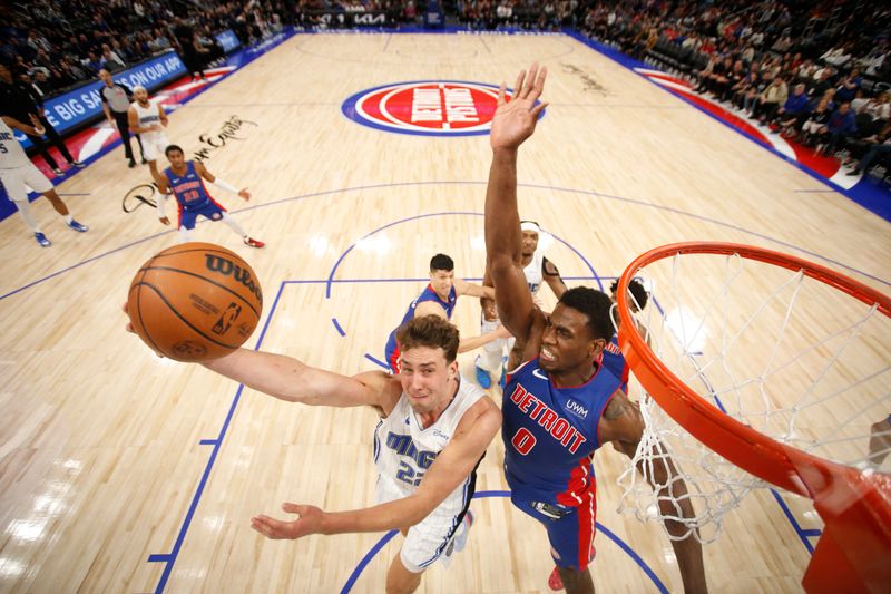 DETROIT, MI - FEBRUARY 24:  Franz Wagner #22 of the Orlando Magic goes to the basket during the game on February 24, 2024 at Little Caesars Arena in Detroit, Michigan. NOTE TO USER: User expressly acknowledges and agrees that, by downloading and/or using this photograph, User is consenting to the terms and conditions of the Getty Images License Agreement. Mandatory Copyright Notice: Copyright 2024 NBAE (Photo by Brian Sevald/NBAE via Getty Images)