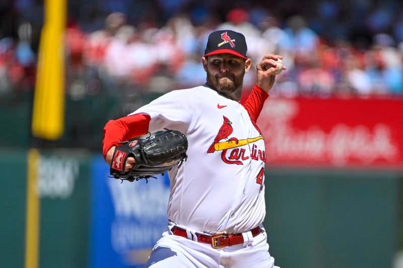 Apr 2, 2023; St. Louis, Missouri, USA;  St. Louis Cardinals starting pitcher Jordan Montgomery (47) pitches against the Toronto Blue Jays during the first inning at Busch Stadium. Mandatory Credit: Jeff Curry-USA TODAY Sports