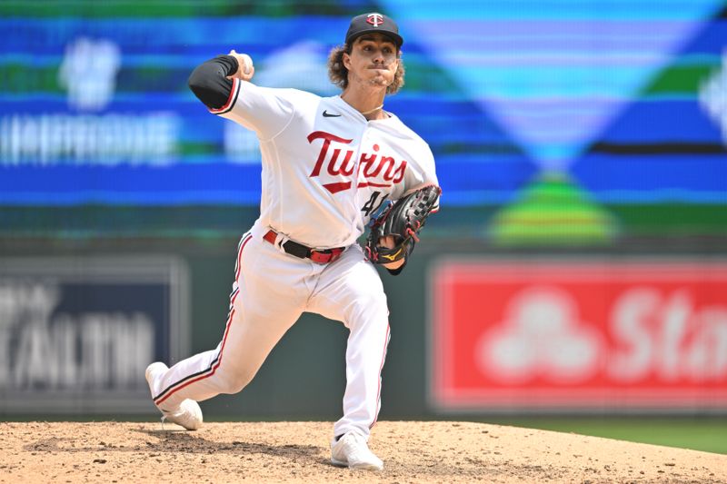 Jun 22, 2023; Minneapolis, Minnesota, USA; Minnesota Twins starting pitcher Joe Ryan (41) throws a pitch against the Boston Red Sox during the ninth inning at Target Field. Mandatory Credit: Jeffrey Becker-USA TODAY Sports