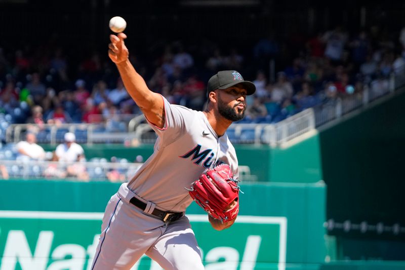 Sep 3, 2023; Washington, District of Columbia, USA;  Miami Marlins pitcher Sandy Alcantara (22) delivers a pitch against the Washington Nationals during the first inning at Nationals Park. Mandatory Credit: Gregory Fisher-USA TODAY Sports