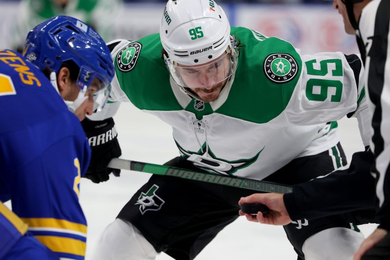 Oct 22, 2024; Buffalo, New York, USA;  Dallas Stars center Matt Duchene (95) waits for the face-off against Buffalo Sabres center Dylan Cozens (24) during the first period at KeyBank Center. Mandatory Credit: Timothy T. Ludwig-Imagn Images