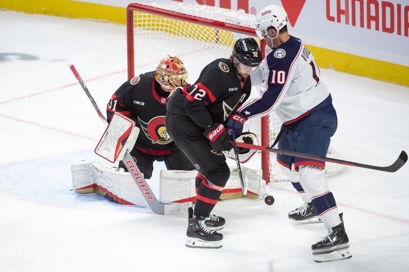 Feb 13, 2024; Ottawa, Ontario, CAN; Ottawa Senators defenseman Thomas Chabot (72) battles with Columbus Blue Jackets left wing Dimitri Voronkov (10) in the third period at the Canadian Tire Centre. Mandatory Credit: Marc DesRosiers-USA TODAY Sports