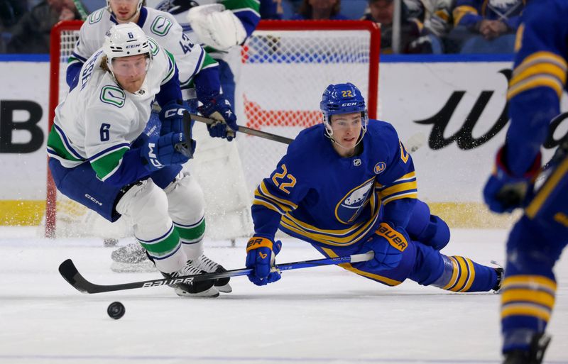 Jan 13, 2024; Buffalo, New York, USA;  Vancouver Canucks right wing Brock Boeser (6) watches as Buffalo Sabres right wing Jack Quinn (22) falls going after the puck during the first period at KeyBank Center. Mandatory Credit: Timothy T. Ludwig-USA TODAY Sports