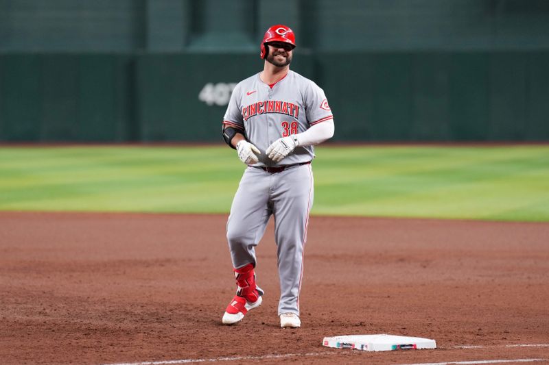 May 13, 2024; Phoenix, Arizona, USA; Cincinnati Reds designated hitter Mike Ford (38) smiles after hitting an RBI single against the Arizona Diamondbacks during the sixth inning at Chase Field. Mandatory Credit: Joe Camporeale-USA TODAY Sports