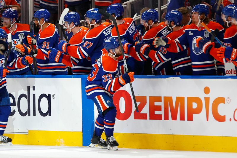 Jun 4, 2025; Edmonton, Alberta, CAN; Edmonton Oilers left wing Viktor Arvidsson (33) reacts after scoring a goal against the Florida Panthers in the second period in game one of the 2025 Stanley Cup Final at Rogers Place. Mandatory Credit: Perry Nelson-Imagn Images