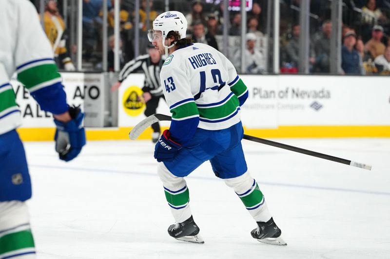 Mar 7, 2024; Las Vegas, Nevada, USA; Vancouver Canucks defenseman Quinn Hughes (43) celebrates after scoring a goal against the Vegas Golden Knights during the first period at T-Mobile Arena. Mandatory Credit: Stephen R. Sylvanie-USA TODAY Sports