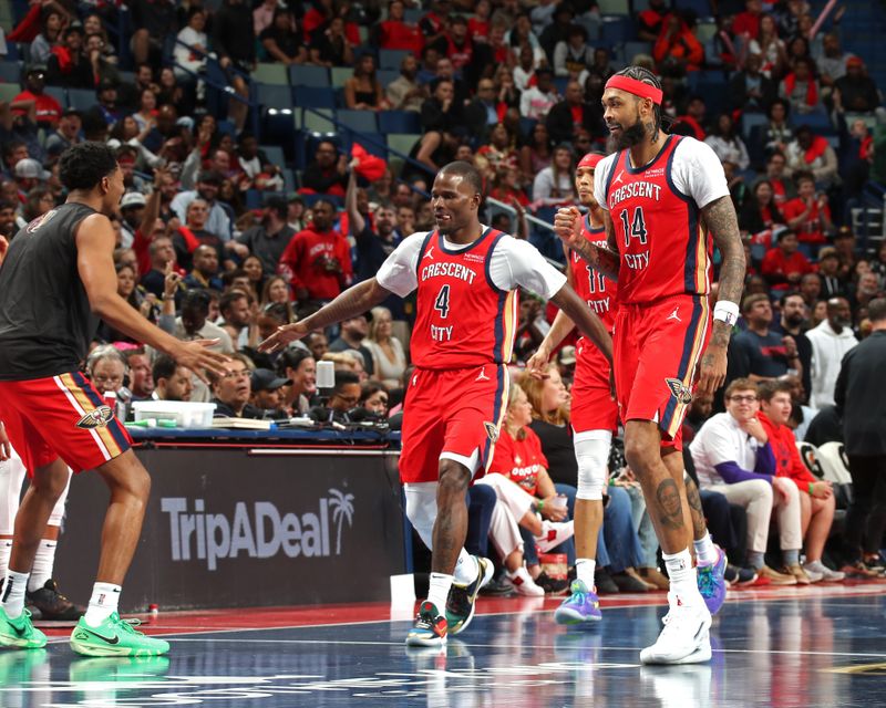 NEW ORLEANS, LA - NOVEMBER 15: Brandon Ingram #14 and Javonte Green #4 of the New Orleans Pelicans celebrate during the game against the Denver Nuggets during the Emirates NBA Cup game on November 15, 2024 at the Smoothie King Center in New Orleans, Louisiana. NOTE TO USER: User expressly acknowledges and agrees that, by downloading and or using this Photograph, user is consenting to the terms and conditions of the Getty Images License Agreement. Mandatory Copyright Notice: Copyright 2024 NBAE (Photo by Layne Murdoch Jr./NBAE via Getty Images)