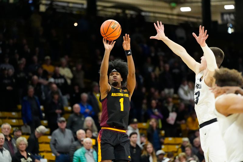 Jan 28, 2025; Boulder, Colorado, USA; Arizona State Sun Devils guard Alston Mason (1) shoots the ball in the first half against the Colorado Buffaloes at CU Events Center. Mandatory Credit: Ron Chenoy-Imagn Images