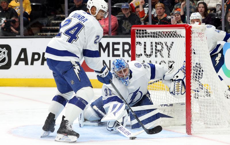 Mar 24, 2024; Anaheim, California, USA; Tampa Bay Lightning goaltender Jonas Johansson (31) pokes the puck during the second period against the Anaheim Ducks at Honda Center. Mandatory Credit: Jason Parkhurst-USA TODAY Sports